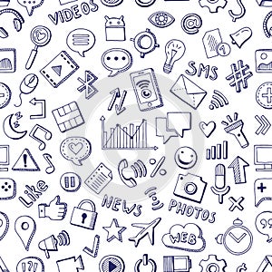 Different social media icons in hand drawn style. Vector seamless pattern on white background