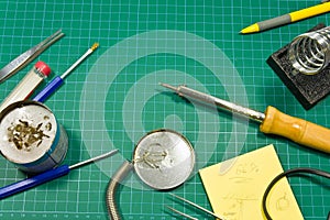 Different soldering hobby tools still life.