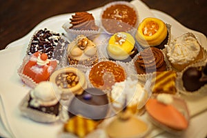 Different sort of beautiful pastry, small colorful sweet cakes