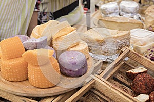 Different sorts of cheese wheels at a market