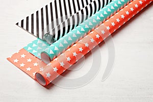 Different sorts of gift wrapping paper.