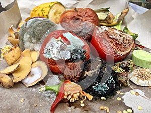 Different sorts of rotten fruits and vegetables on gray paper i