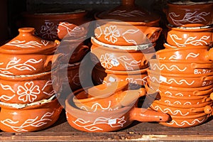 Different souvenirs pots in greek gift shop, Greece