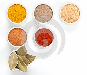 Different spices in bowls on white.