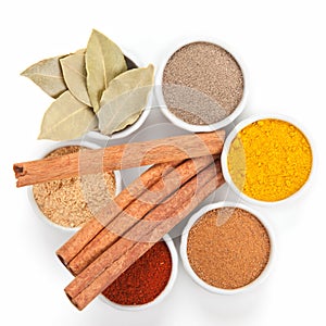 Different spices in bowls on white.