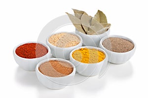 Different spices in bowls on white.