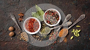 Different spices, dry kitchen herbs and seeds for tasty meals