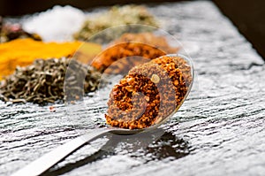 Different spices and herbs on a black slate. Iron spoon with chili pepper. Indian spices. Ingredients for cooking. Healthy eating