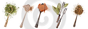 Different spices in retro spoons