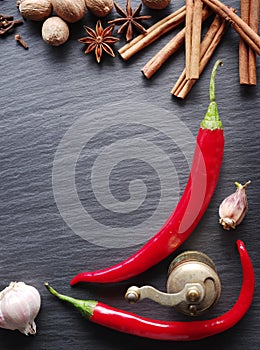 Different spices on rocked table.