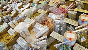 Different spices and salts in special bottles, real connoisseurs of east cuisine photo