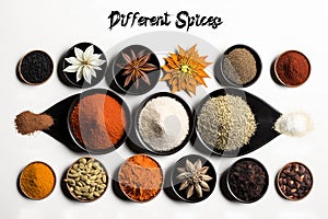 Different Spices In Small Bowls Isolated On White Background - Generative AI