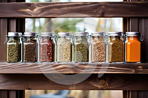 different spices in small glass jars on a hanging rack