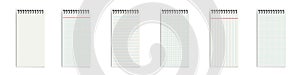 Different Spiral Notebook Templates - Empty Cell Grid Striped And Dotted Vector Illustrations - Isolated On White Background