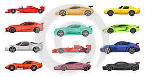 Different sport cars isolated on white. Vector illustrations of racers on road