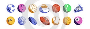 Different sport equipment set. Various balls for play games: basketball, tennis, soccer, badminton, baseball, American