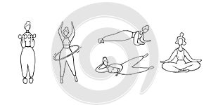 Different sport poses. Girl training. Workout concept. Doodle vector graphic