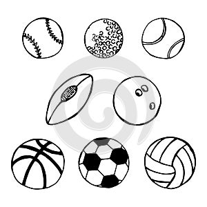 Different sports balls black outlines vector set