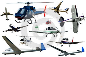 Different sports and passenger aeroplanes on a clean white background photo