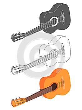 Vector guitar set. Flat, outline and monoline guitar icons