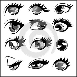 Different styles and shapes of anime eyes, element pack. Set of twelve ocular drawings.