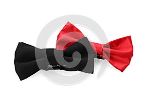 Different stylish bow ties on white background