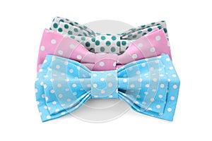 Different stylish bow ties on white background