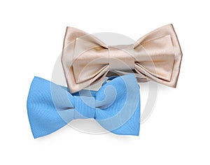 Different stylish bow ties on white background, top view