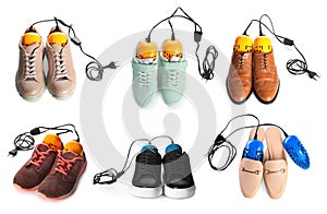 DIfferent stylish footwear with electric shoe dryers on white background, collage