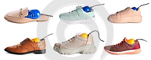 DIfferent stylish footwear with electric shoe dryers on white background, collage. Banner design
