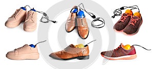 DIfferent stylish footwear with electric shoe dryers on white background, collage. Banner design