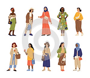 Different stylish women. Casual style woman, multicultural adults in trendy clothes. Isolated fashion dressed happy