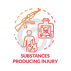 Different substances producing injury concept icon. Fatal poisoning, fire effect, gunshot wound and body burn thin line