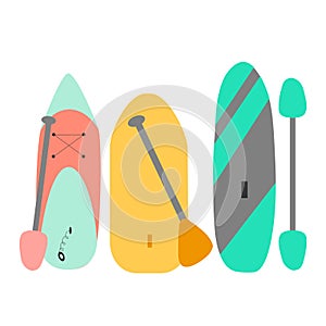Different sup stand up or paddle surf boards, flat vector