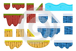 Different surfaces sett, texture of ground, water, ice and wood vector Illustrations on a white background