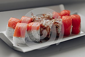 Different sushi delivery. Varieties of sushi for lunch or dinner.