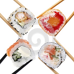 Different sushi isolated on white. Chopsticks with asian food, set