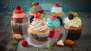 Different sweet colorful cupcakes with berries decorated