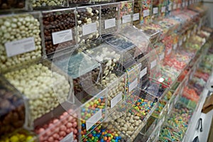 Different sweets in boxes at candy shop
