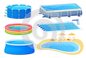 Different swimming pools types set vector flat cartoon illustration refreshing fun pastime in water