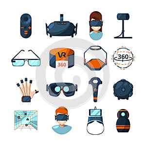 Different symbols of virtual reality. Electronic and computer technology of future. Vector icons set in cartoon style