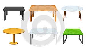 Different tables set isolated on white background. Tables furniture of wood, glass, metal and plastic for room or