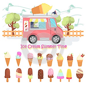 Different tastes ice cream color flat icons set. Ice cream mobile van on street illustration