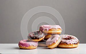 Different tasty glazed donuts on grey background. Sweet food, calories, holiday, birthday.