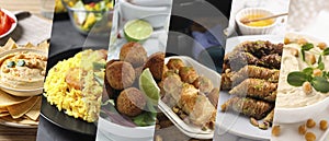 Different tasty Middle Eastern dishes. Collage of hummus, pilaf, falafel balls and baklava