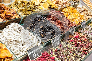 Different tea types. Egyptian market in Istanbul, Turkey.