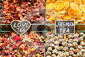 Different tea types. Love tea and Jasmin tea. Egyptian market in Istanbul, Turkey.