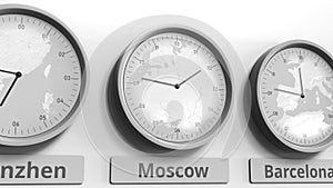 Round clock showing Moscow, Russia time within world time zones. Conceptual 3D rendering