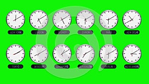 Different Time Zones Clocks on a Green Screen in Time Lapse