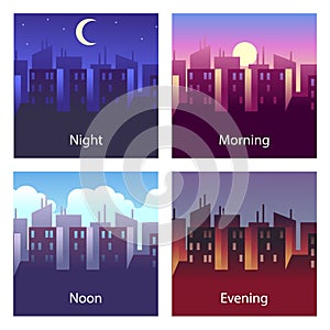 Different times of day. Night and morning, noon and evening. 4 times vector illustrations of city landscape